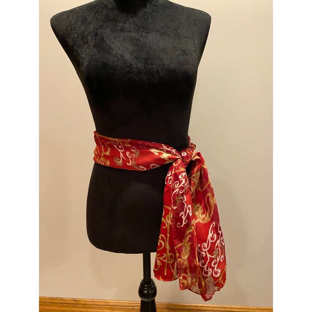 Liz Claiborne Scarf Holiday Red‎ Gold Silky Feel Long Flowy Versatile Christmas - Picture 5 of 9